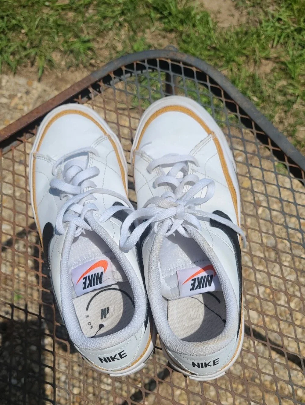 Nike White Low-Top Sneakers with Black Swoosh and Gold Trim Size 5 Youth